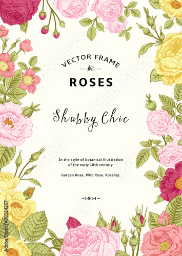 Vintage vector frame. Garden and wild roses.
