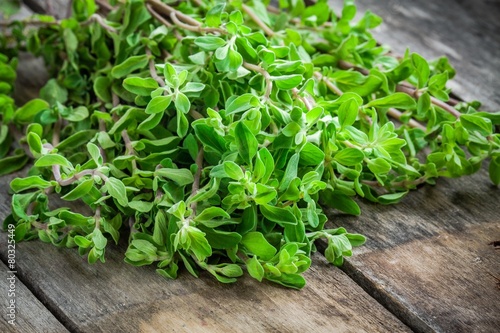 fresh raw green herb marjoram on a wooden table