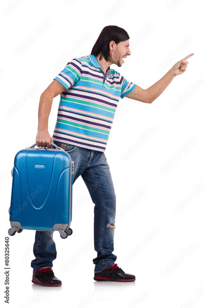 Young man with suitcase isolated on white Young man with suitcase isolated on white