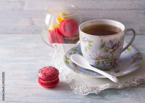 French Macarons with cup of tea