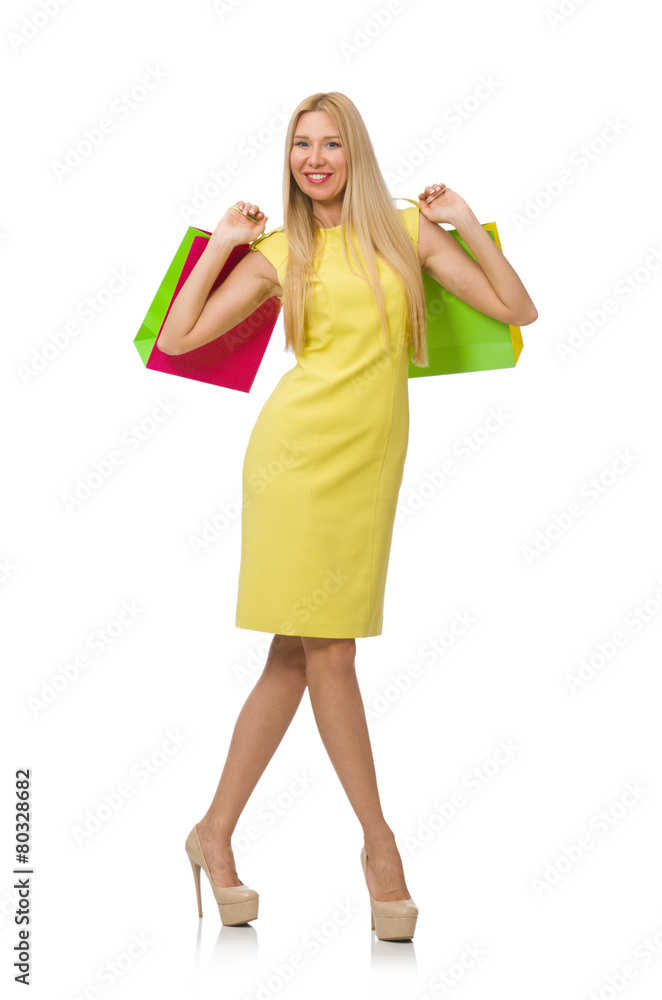 Woman with many shopping bags on white Woman with many shopping bags on white