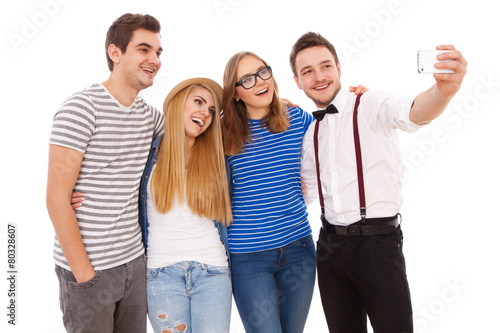 Four stylish young people on white background