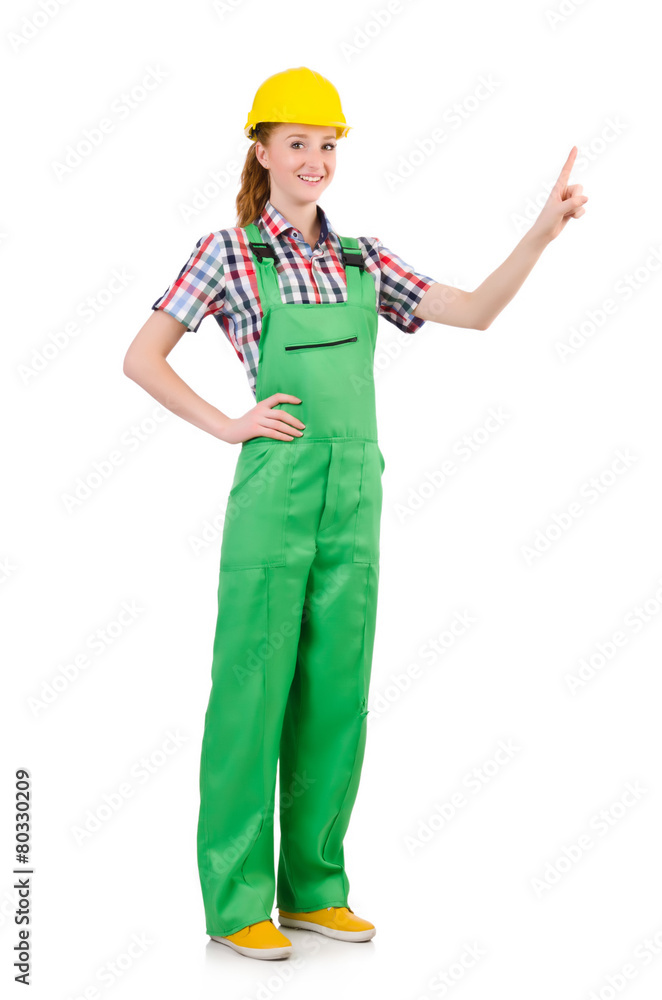 Female handyman in overalls isolated on white Female handyman in overalls isolated on white