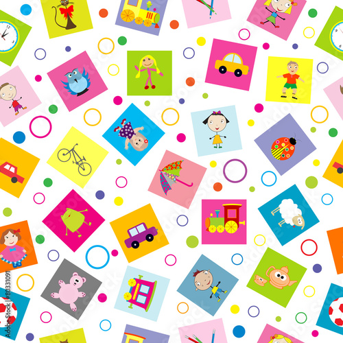 Seamless background with toys and cartoon kids