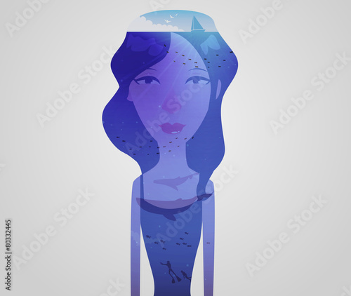 Double exposure girl: Underwater