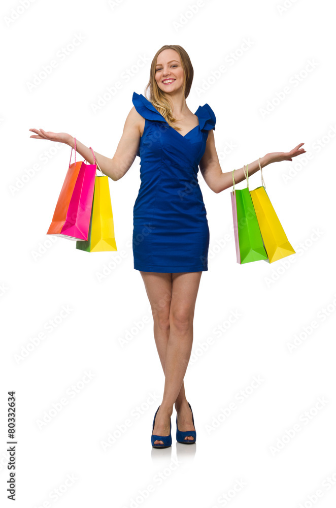 Woman with many shopping bags on white Woman with many shopping bags on white