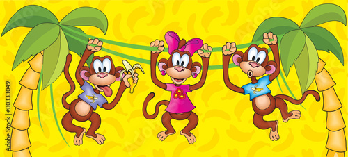 Three monkeys hanging on vines. symbol 2016.