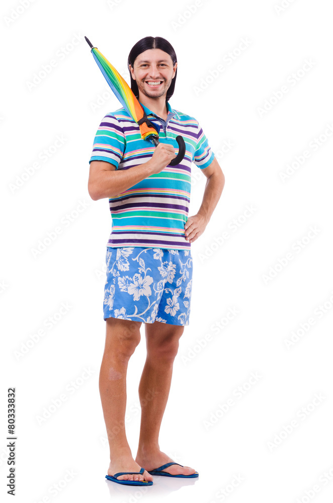 Positive man with colorful umbrella isolated on white Positive man with colorful umbrella isolated on white