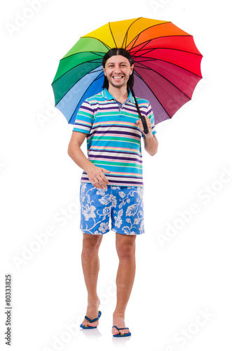 Positive man with colorful umbrella isolated on white