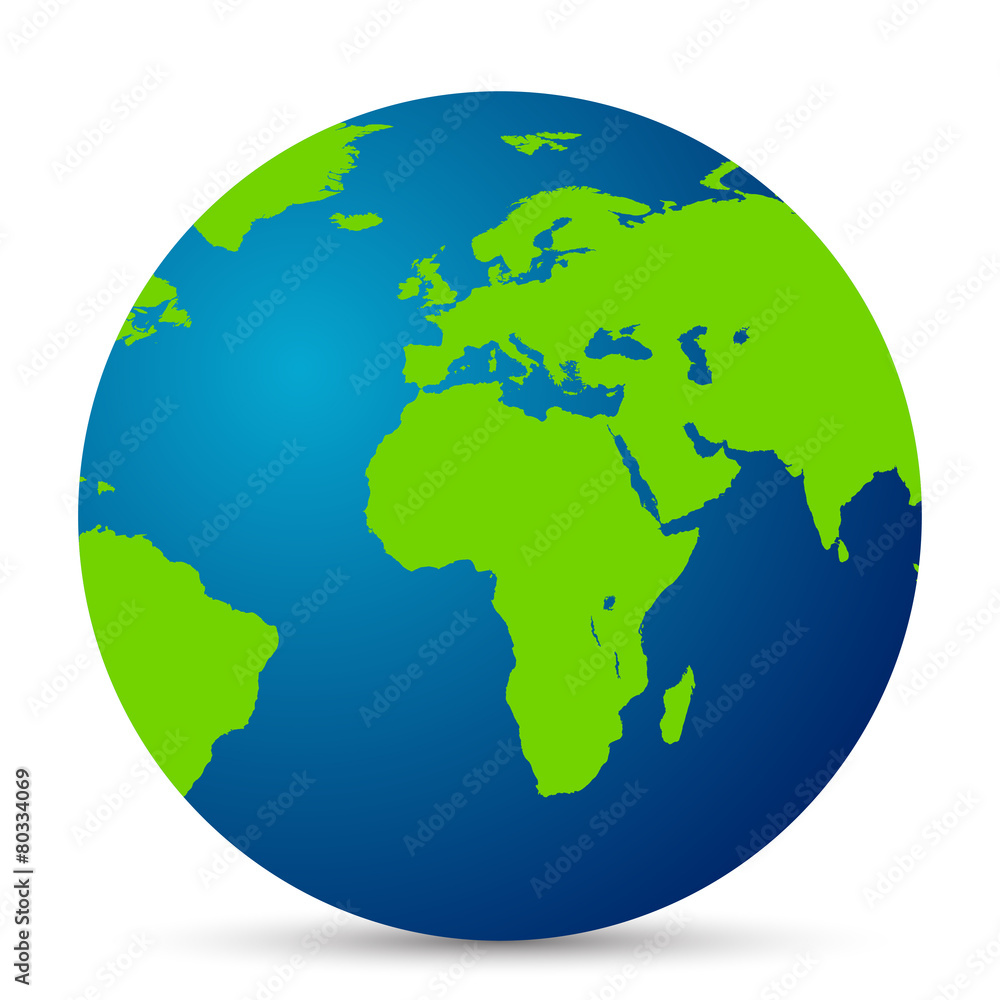 Map of the world globe with shadow on white background