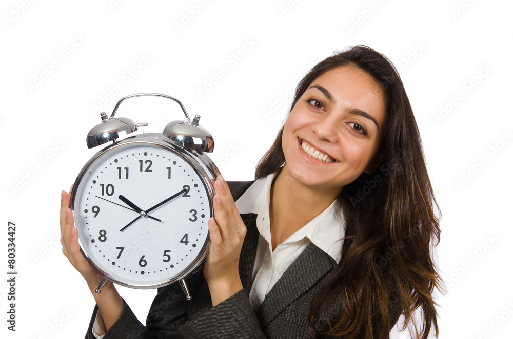 Businesswoman with clock missing her deadlines Businesswoman with clock missing her deadlines