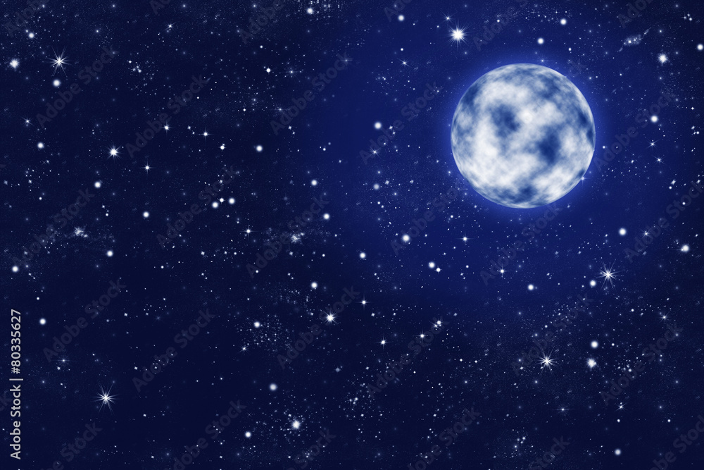 Naklejka premium leuchtender Vollmond an klarem Sternen Himmel, Hintergrund