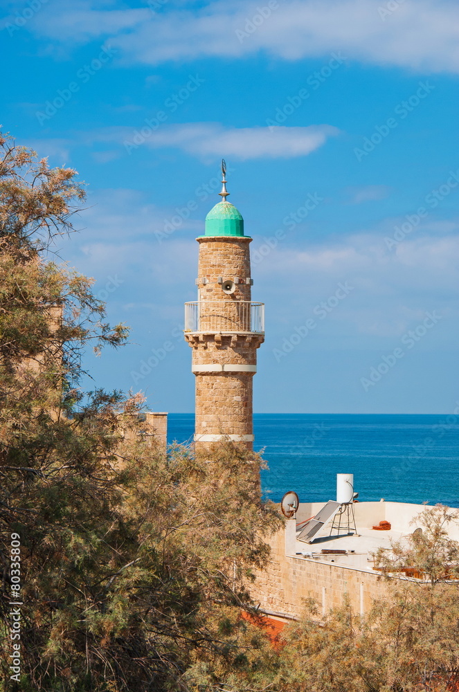 Minaret of  Mosque of Al Bahr in ancient Jaffa in Tel Aviv