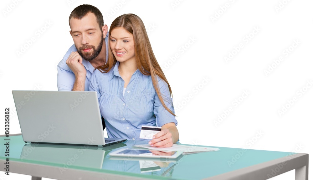 Buy. Portrait Of Happy Couple Shopping Online Using Laptop And Buy. Portrait Of Happy Couple Shopping Online Using Laptop And