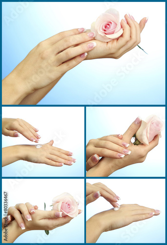 Hands with french manicure isolated on white in collage