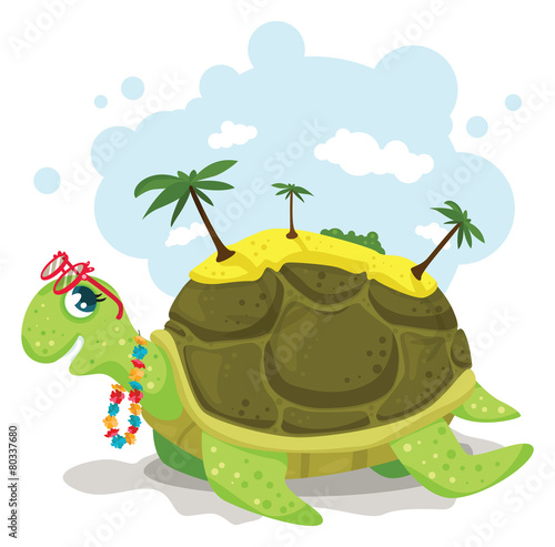 Sea turtle with an exotic island on it's back