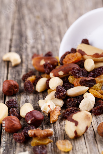 Mixed nuts on a white plate.