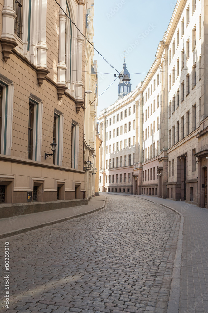 Empty narrow street in the old center of Riga