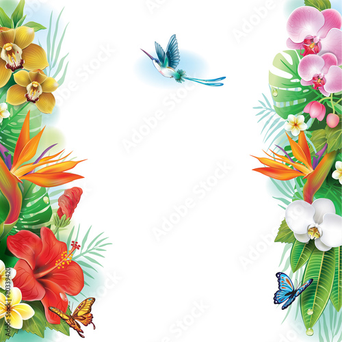 Fototapeta Naklejka Na Ścianę i Meble -  Border from tropical flowers and leaves
