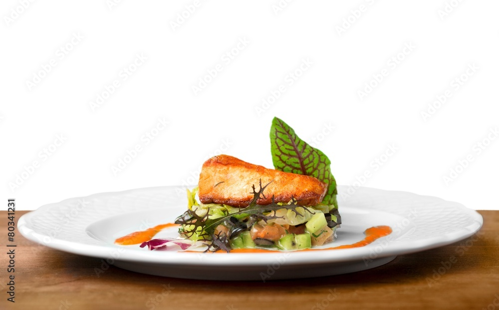 Salmon. Grilled Salmon Steak with Spinach, Tartare Cream and Salmon. Grilled Salmon Steak with Spinach, Tartare Cream and