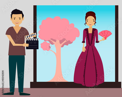 Filming. Young woman in vintage dress