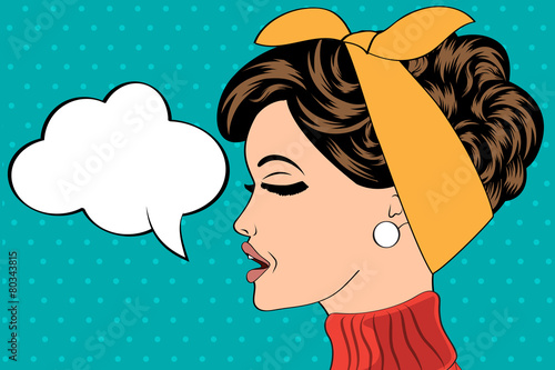 pop art cute retro woman in comics style with message