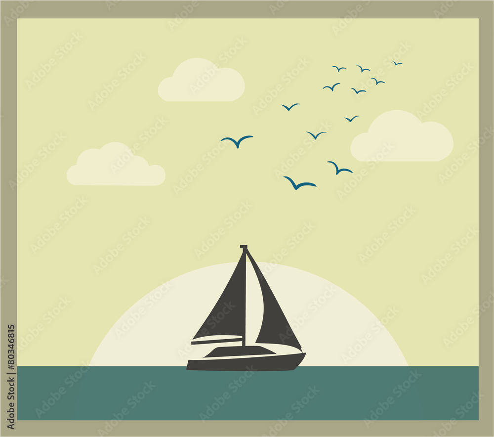 Retro vector card with sailboat against sunset