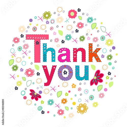 Thank you circle greeting card with colorful flowers