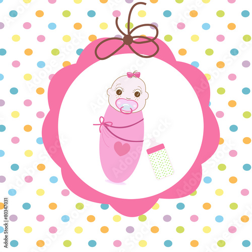 Newborn swaddle baby girl with bottle greeting card