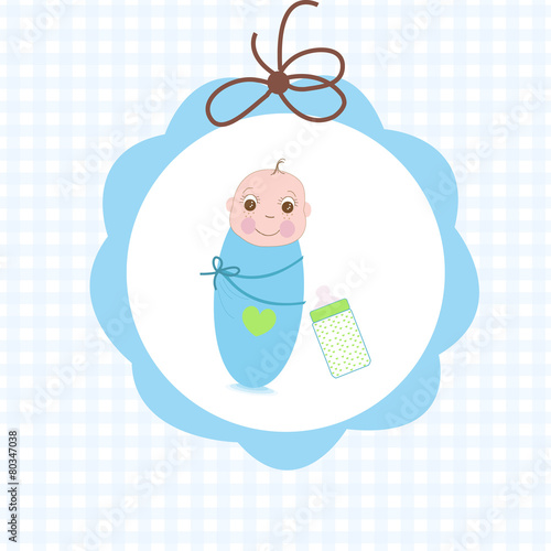 Newborn swaddle baby boy with bottle greeting card