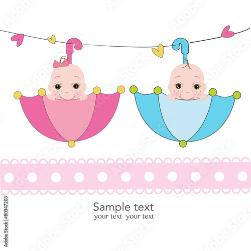 Twin baby boy and girl with umbrella greeting card