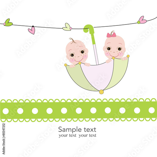 Twin baby boy and girl with umbrella baby shower card