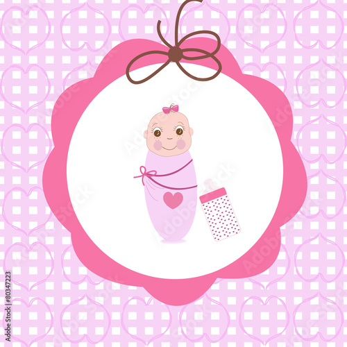 Swaddle baby girl greeting card with bottle