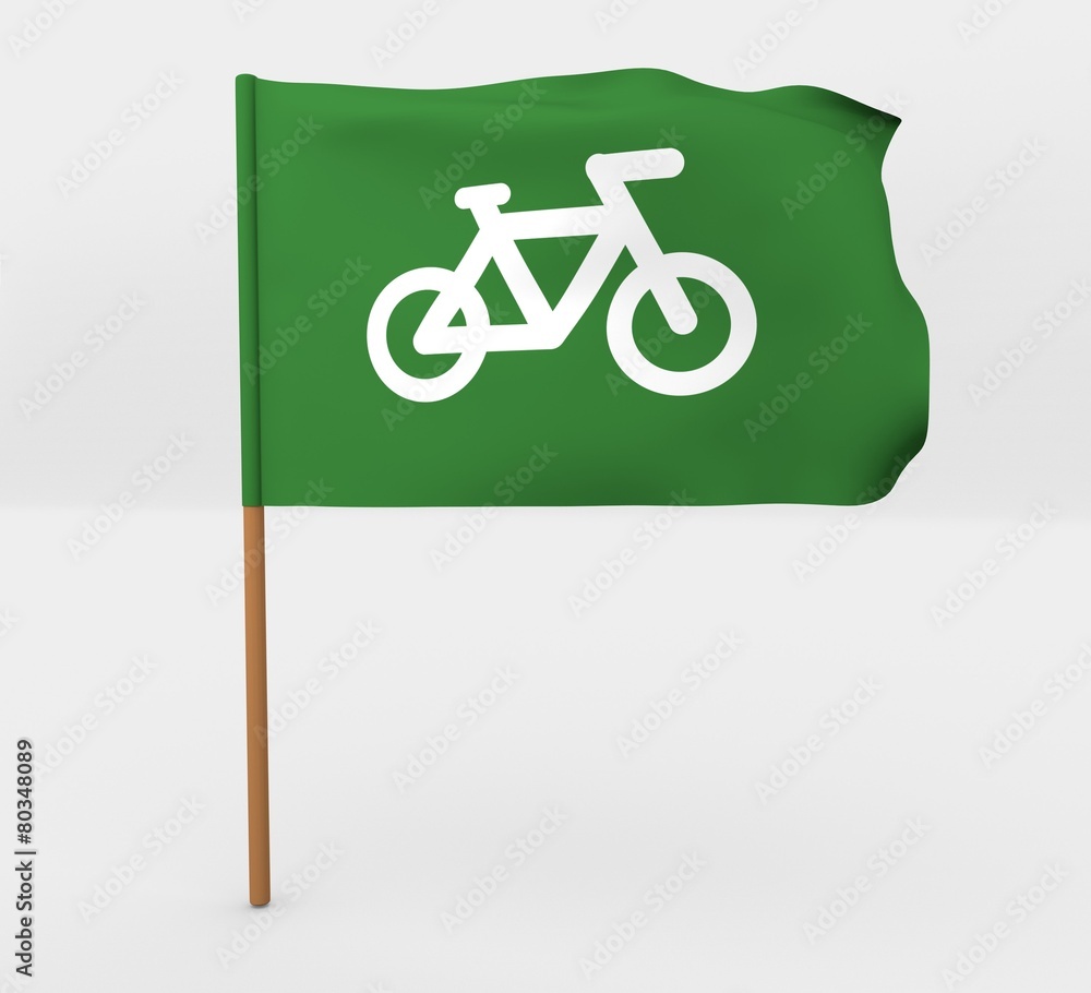 Fototapeta premium Bicycle symbol isolated windy green flag on mast 3d illustration