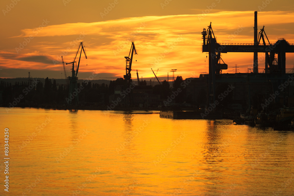 Big shipyard crane at sunset in Gdansk, Poland.