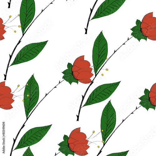 Seamless pattern with red flowers on a white background.
