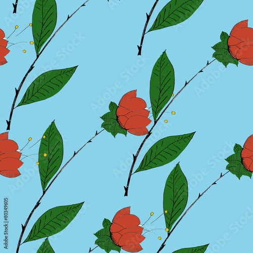 Seamless pattern with red flowers on a blue background.