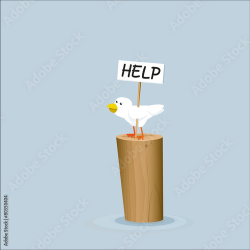 Illustration Möwe auf Pfahl mit Schild Help