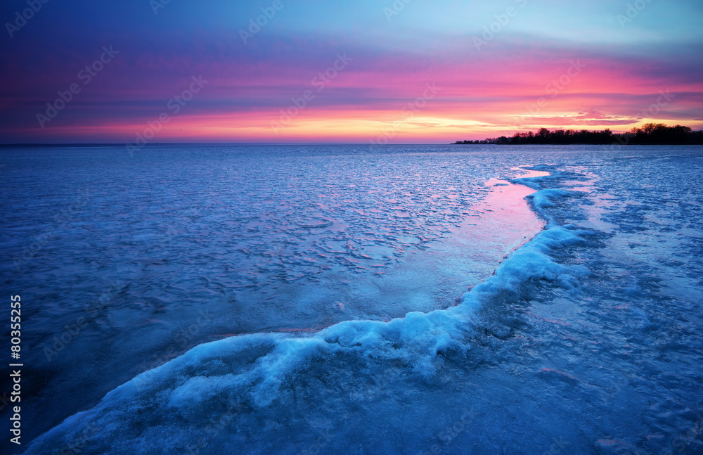 Fototapeta premium Winter landscape with sunset sky. Composition of nature.