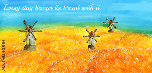 Card with medieval mills and golden fields