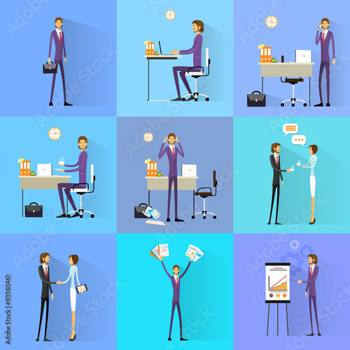 Business man working set office desk flat design