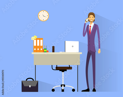 business man cell phone call at desk in office working flat