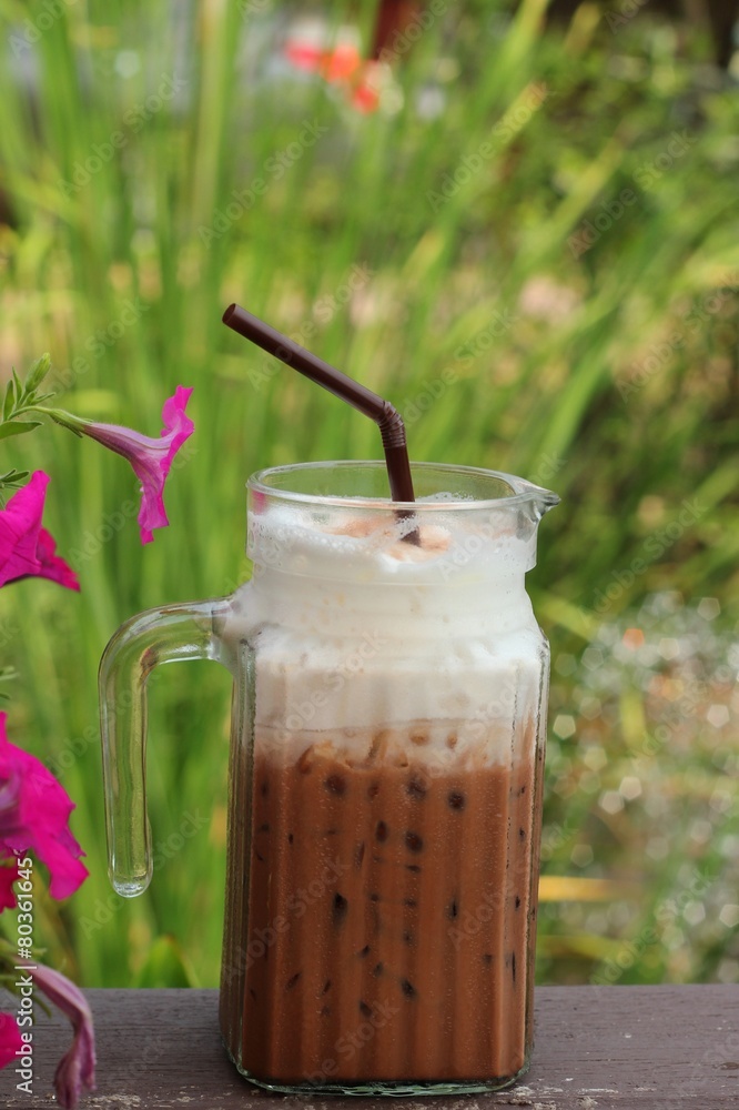 ice chocolate and milk in glass ice chocolate and milk in glass