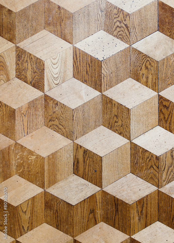 Old palace wooden parquet flooring design with volume cubes illu Old palace wooden parquet flooring design with volume cubes illu