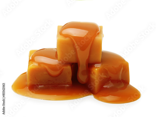 Caramel toffee and sauce isolated