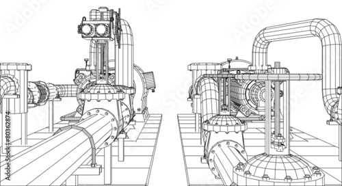 Wire-frame  industrial equipment oil and gas pump. Tracing