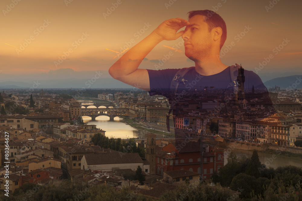 Double exposure with tourist and Florence during sunset