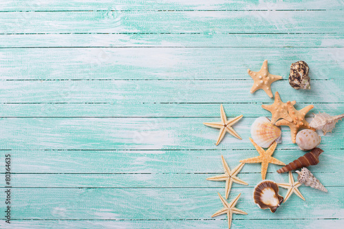 Marine items on wooden background.