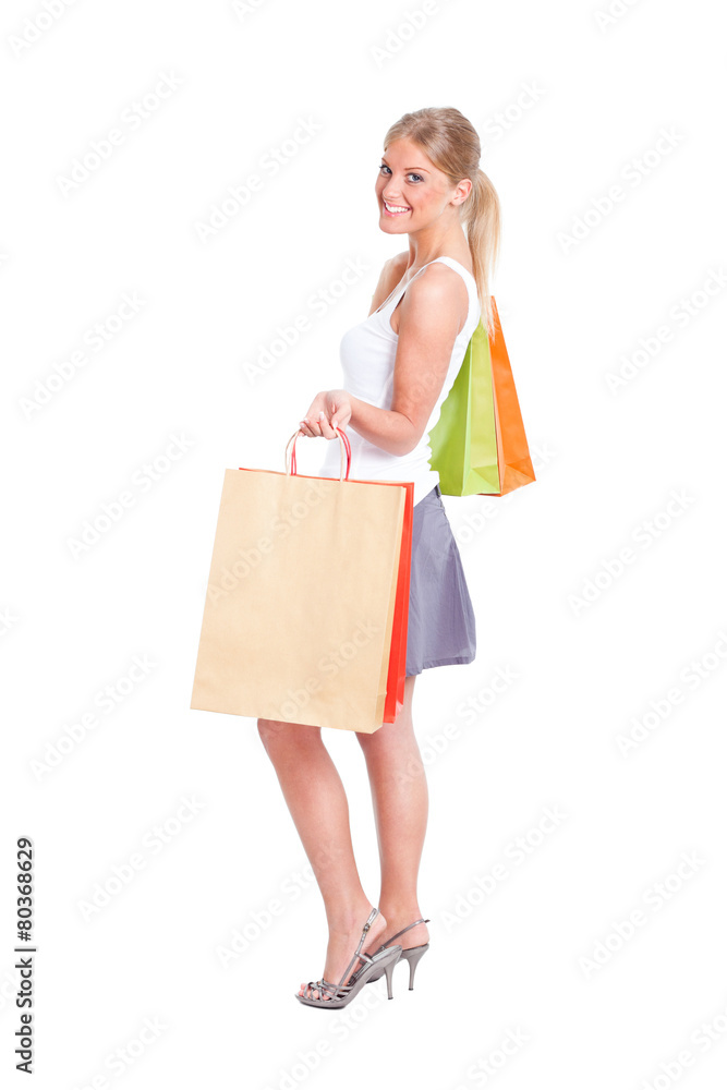 Woman with shopping bags, isolated on white