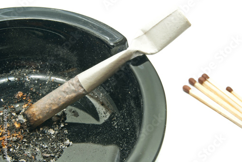 matches and cigarette in glass ashtray